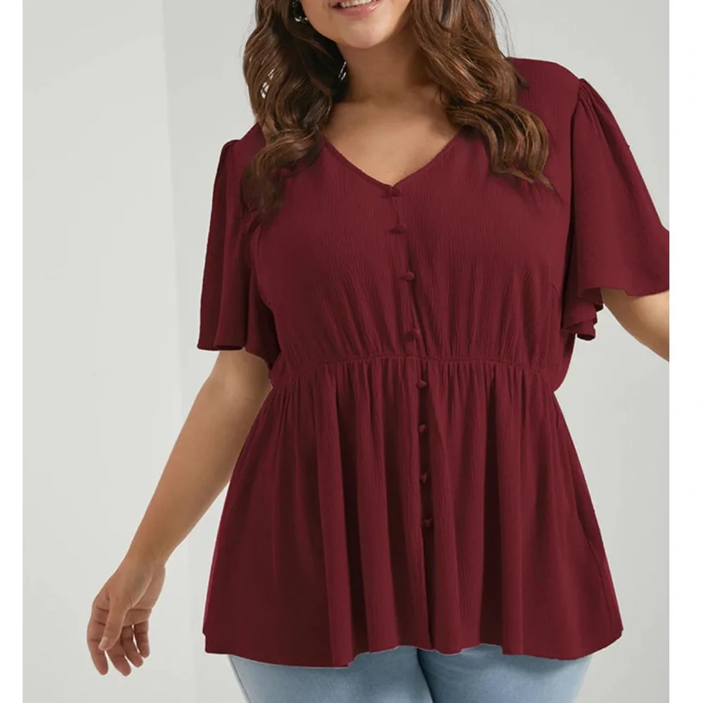 NWT! Red V-neck button detail, elastic waist, short sleeve blouse size 30 or 6X